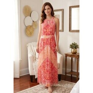 SOHO Apparel LTD. Paisley Halter Maxi Dress Pleated Chiffon Red Pink  Size 18